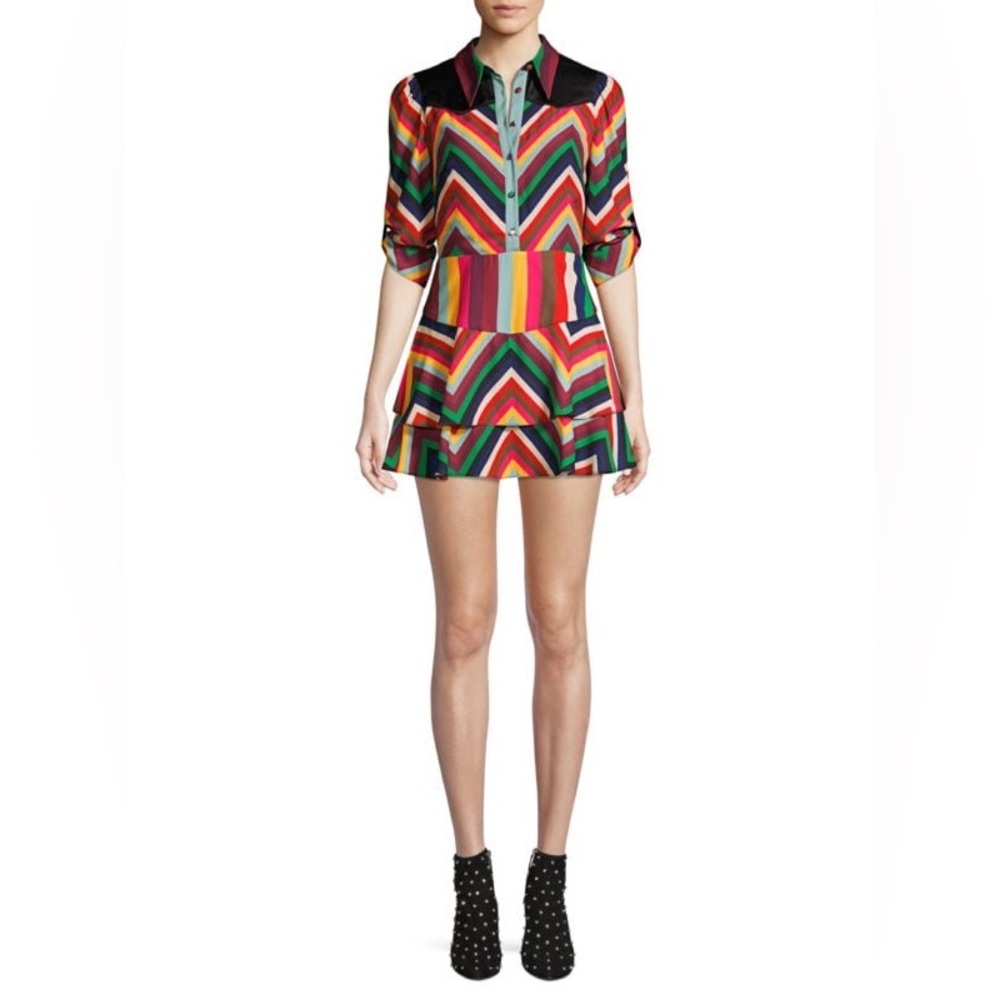 Alice + Olivia Hazeline Rainbow Chevron Stripe Mini A-Line Shirt Dress